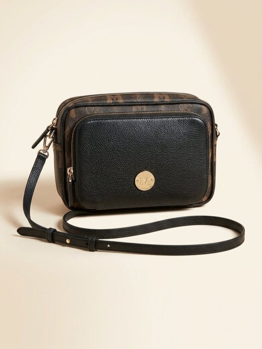 METROCITY Black Tan Monogram Leather Crossbody Bag | Gold Hardware Camera Bag